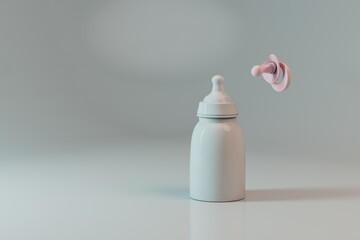baby bottle with milk and pacifier on a white background with shadows with a place for a signature . children food. baby care. 3d illustration. 3d render - obrazy, fototapety, plakaty