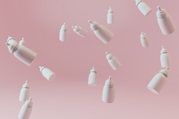 abstract background. patterns of flying baby bottles with milk on a pink pastel background. children food. baby care. 3d illustration. 3d render