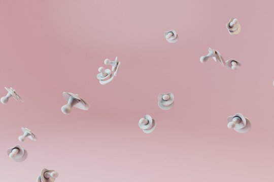 abstract background. patterns of flying baby pacifiers on a pink pastel background. baby care. 3d illustration. 3d render