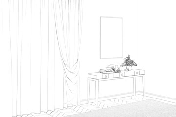A sketch of the room with a vertical poster on the wall, flowers in a vase, decor on a console near a large window with classic curtains, and carpet on the parquet floor. 3d render