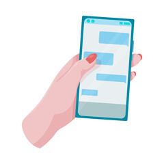 Hands hold a phone. Concepts of internet network communications. People chatting and chatting together on social networks. Woman holding a phone or tablet in her hand. Vector illustration.