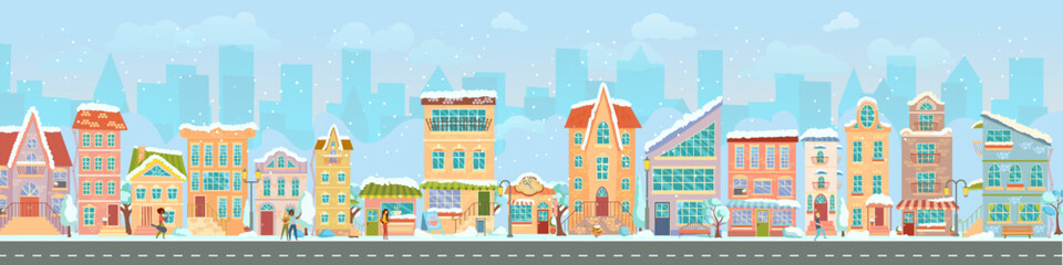 Obraz na płótnie Canvas City street. Panoramic cityscape with bright houses, walking pedestrians, snow. Shop and stores. Winter city. Vector illustration in cartoon style.
