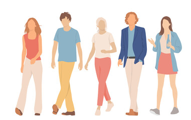 Obraz premium Set of young men and women, different colors, cartoon character, group of silhouettes of walking business people, students, the design concept of flat icon, isolated on white background