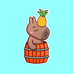 Cute cartoon capybara with pineapple in vector illustration. Isolated animal vector. Flat cartoon style