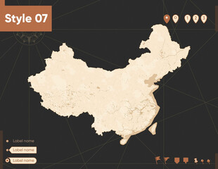 China - map in vintage style, retro style, sepia, vintage. Vector map.
