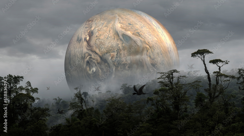 Canvas Prints recreation of the antediluvian jungle landscape with the planet jupiter