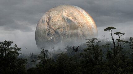 Recreation of the antediluvian jungle landscape with the planet Jupiter © quickshooting