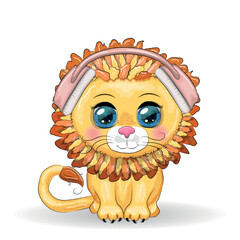 Cute cartoon Lion with headphones and hearts on a blue background