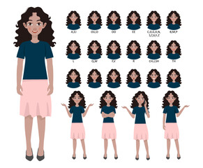 young African American girls  Character Model sheet with Mouth Animation .Lip Sync Creation. various views and face emotions. vector illustration