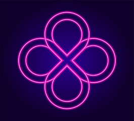 Neon pink is a simple element of four petals. A simple flower top view stylized glows in the dark pink on dark blue. Background for for a design template