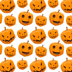 White seamless Halloween background with a pattern of orange pumpkin faces. Carved pumpkin for Halloween with a creepy face. Vector illustration.