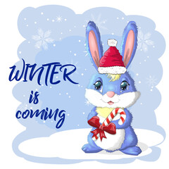 Cute cartoon rabbit in a Santa hat on a background of snow. Winter 2023, Christmas and New Year