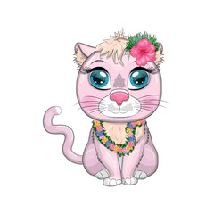 Cartoon cat dressed as a hula dancer under the ukulele, Hawaii. Summer, vacation. Cute child character, symbol of 2023
