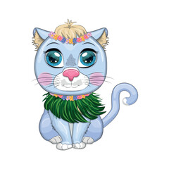 Cartoon cat dressed as a hula dancer under the ukulele, Hawaii. Summer, vacation. Cute child character, symbol of 2023