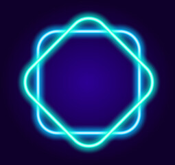neon round blue signs. Neon rounded intersecting squares of ornaments glowing bright blue in the dark with an empty space inside for text for the design template. Neon collection of round intersecting
