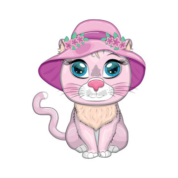 Cartoon cat in a hat with flowers. Summer, vacation. Cute child character, symbol of 2023 new chinese year