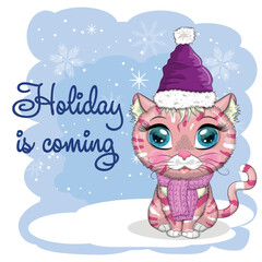 Cute cartoon cat in a Santa hat on a background of snow. Winter 2023, Christmas and Chinese New Year.