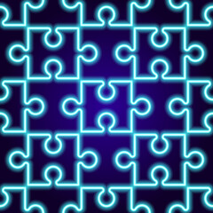 the neon puzzle pattern is glowing. abstract seamless pattern of puzzle pieces glows dark blue neon in the dark