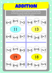 Addition exercises for preschool, kindergarten and primary school kids.