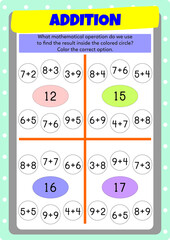 Addition exercises for preschool, kindergarten and primary school kids.