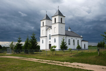 Old ancient catholic Trinity Church in Yushkovichi, Brest region, Belarus.