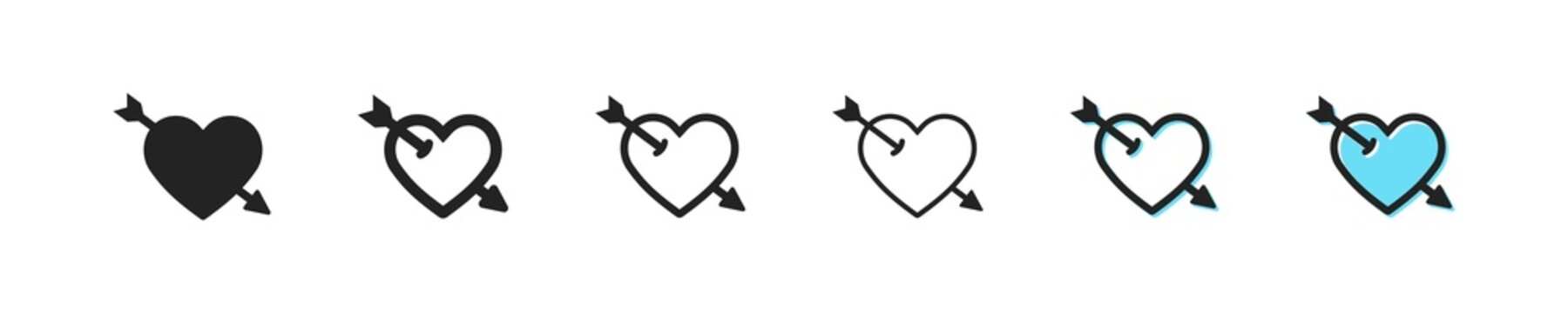 Pierced heart icon. Heart with arrow vector symbol. Simple cupid's arrow outline icons. Pierced hearts icons set. Flat web icon.