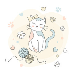 Little happy cat, adorable cute kitten, simple vector illustration. Cute playful kitten girl