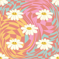 Retro Smile Chamomile Seamless Pattern on 1970 Wavy Swirl Seamless Pattern. Hippie Aesthetic.