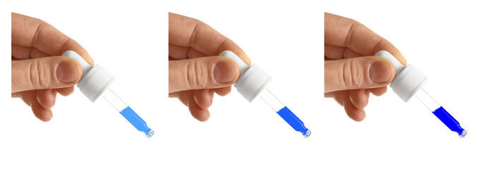 Collage with women holding pipettes with different essential oils on white background, closeup....