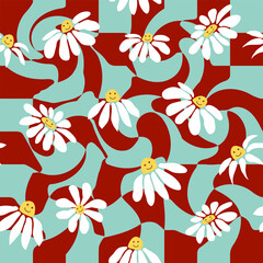 Groovy daisy retro seamless pattern. Retro Smile Chamomile Pattern on 1970 Wavy Swirl. Hippie Aesthetic.