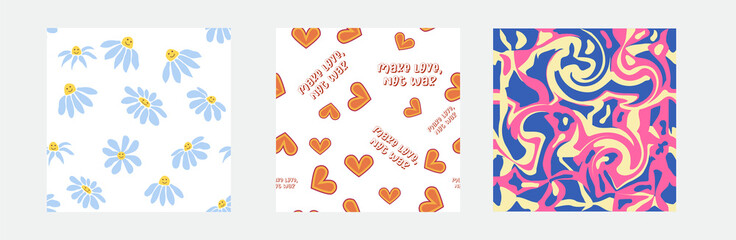 Set of retro 1970s seamless pattern. Floral, swirl, mushrooms, peace symbol, camomile, smile.