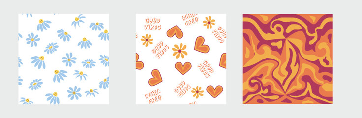 Set of retro 1970s seamless pattern. Floral, swirl, mushrooms, peace symbol, camomile, smile.
