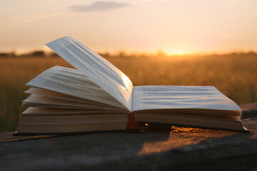 Open book on wooden bench in field at sunset, closeup