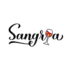 Sangria calligraphy hand lettering with wine glass. Spanish summer drink. Vector template for bar, restaurant, winery decorations. Perfect for logo design, menu, label, tag, etc