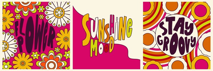 Daisy Flowers, Trippy groovy poster set for print design quote. Psychedelic hippy groovy print. Template poster vector illustration. Abstract vector pattern. Wavy Swirl, checkerboard, btight color