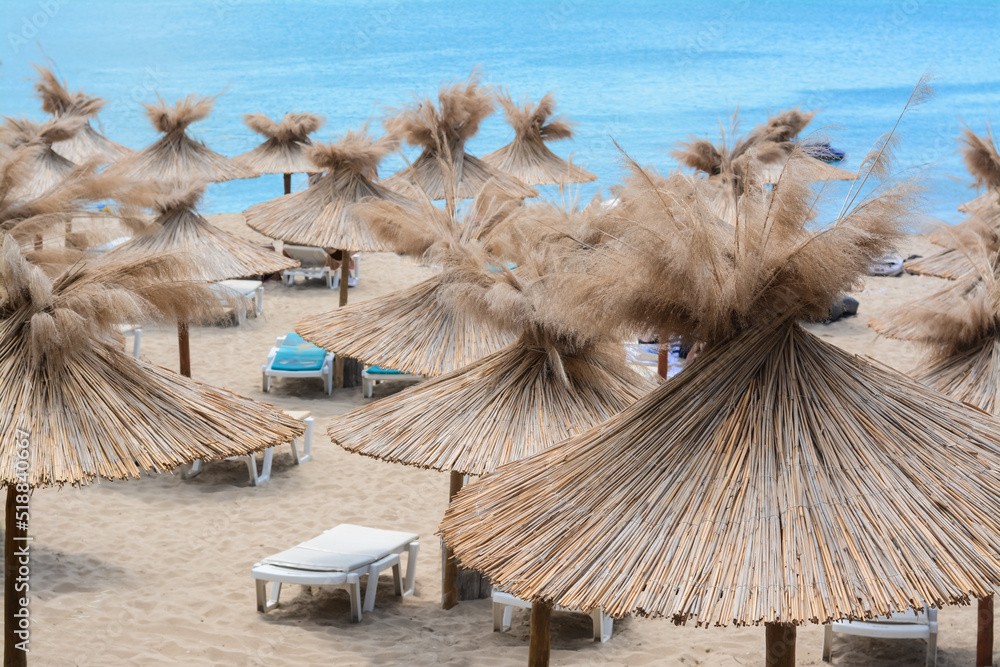 Canvas Prints Beautiful straw umbrellas and sunbeds on beach near sea