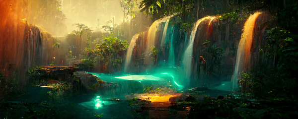 Geheimnisvolle Lagune mit Wasserfall mitten im tropischen Regenwald oder Dschungel