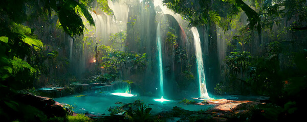 Mystische Wasserfälle und Lagunen in Dschungel Landschaft - Fantasy Gemälde - obrazy, fototapety, plakaty