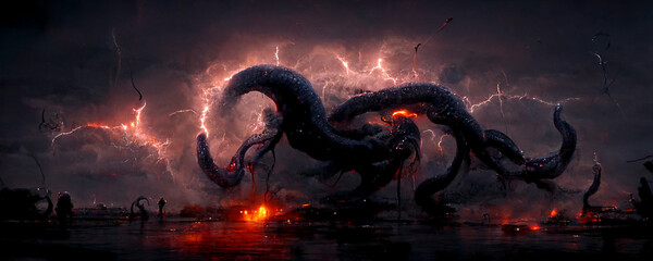 Apokalypse oder Weltuntergang- riesiges Monster vor dunklen Gewitterwolken  - obrazy, fototapety, plakaty