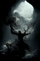 Alter toter Baum vor dunklen Wolken, mystischer Fantasy Hintergrund - obrazy, fototapety, plakaty