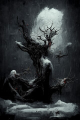 Toter Baum vor düsterem Himmel - Mystisches Fantasy Gemälde mit  dunklen Wolken und Dämonen - obrazy, fototapety, plakaty