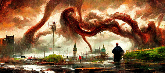Apokalypse oder Weltuntergang mit riesigem Monster mit Tentakeln - obrazy, fototapety, plakaty