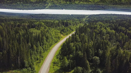 Aerial view of a curved empty road in a forest in a summer day, mirror horizon effect. Green forest...
