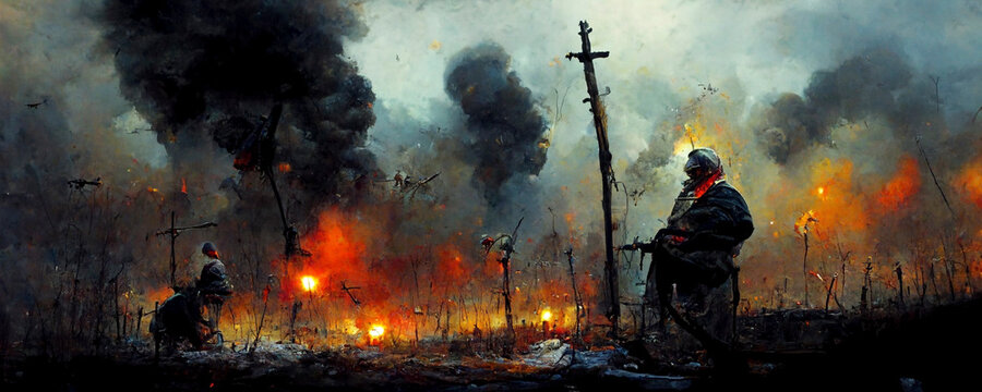 Thema Krieg - Szene mit Soldaten, Rauch, Feuer und Zerstörung