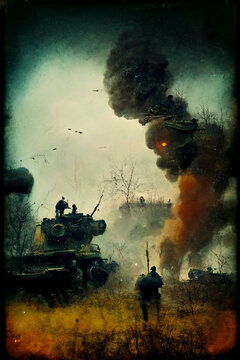 Krieg - Panzer und Soldaten im Krieg, Rauch steigt auf.