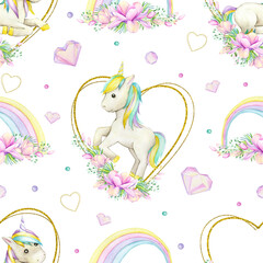 Unicorns, magnolia flowers, rainbow, golden frame, crystals. Watercolor seamless pattern, on an isolated background.