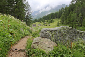 Tourist trail between Crampiolo and Catone with a view of stone houses and mountains in mist, Alpe Devero, Lepontine Alps, Ossola, Piedmont, Italy