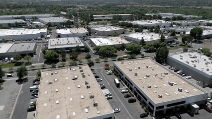 Office and warehouse buildings are shown from an overhead view in a Southern California industrial park near Los Angeles.