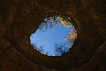 Sky view in a cave opening