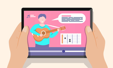 Online guitar lessons. Music course concept, distance learning from home. Online study, education. Cartoon people vector illustration. 10 eps
